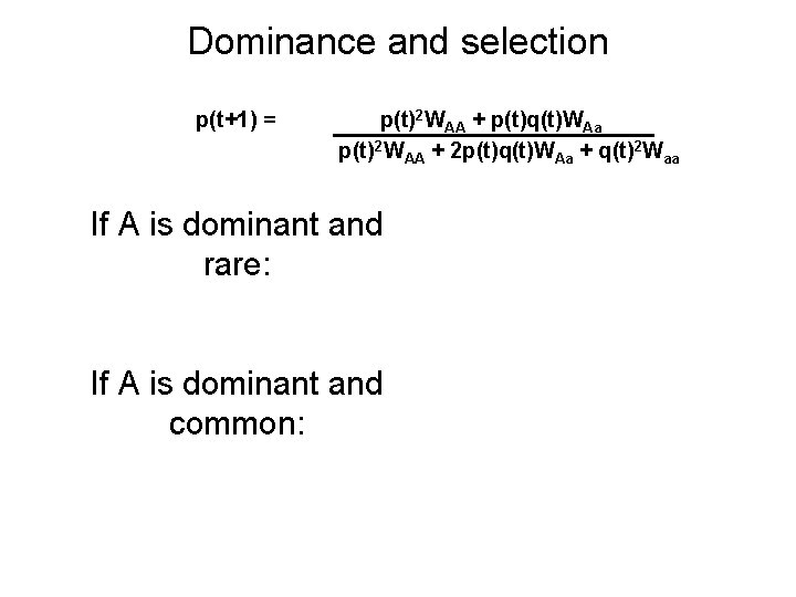 Dominance and selection p(t+1) = p(t)2 WAA + p(t)q(t)WAa p(t) 2 WAA + 2