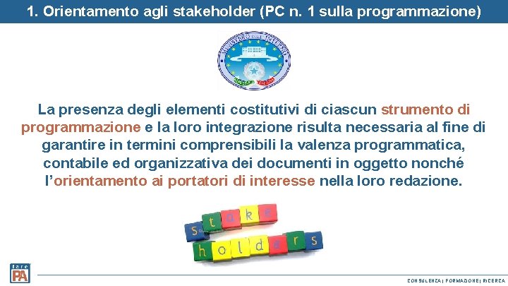 1. Orientamento agli stakeholder (PC n. 1 sulla programmazione) La presenza degli elementi costitutivi 1. Orientamento agli stakeholder (PC n. 1 sulla programmazione) La presenza degli elementi costitutivi