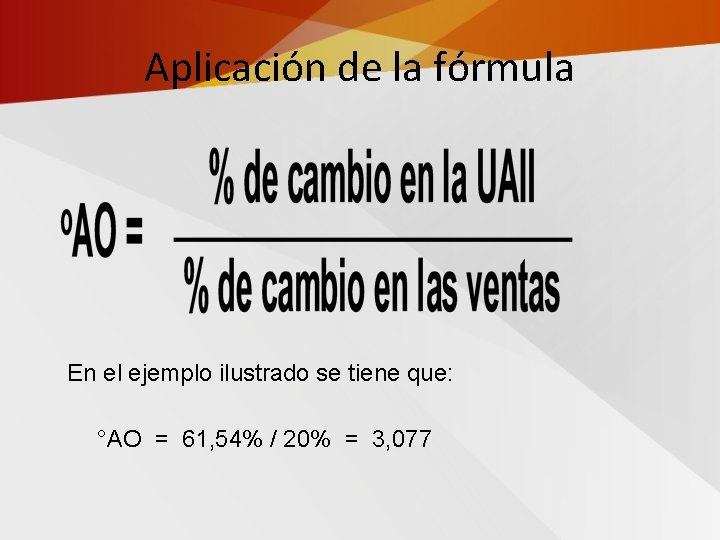 Aplicación de la fórmula En el ejemplo ilustrado se tiene que: °AO = 61,