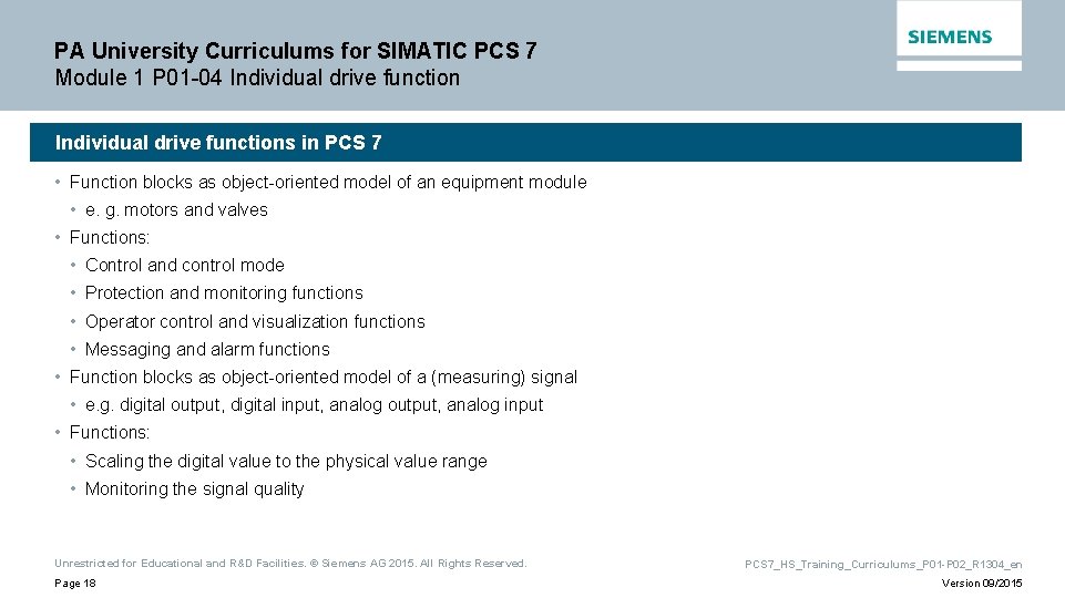 PA University Curriculums for SIMATIC PCS 7 Module 1 P 01 -04 Individual drive