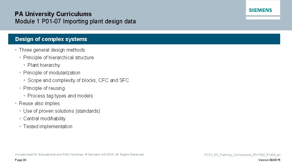 PA University Curriculums Module 1 P 01 -07 Importing plant design data Design of