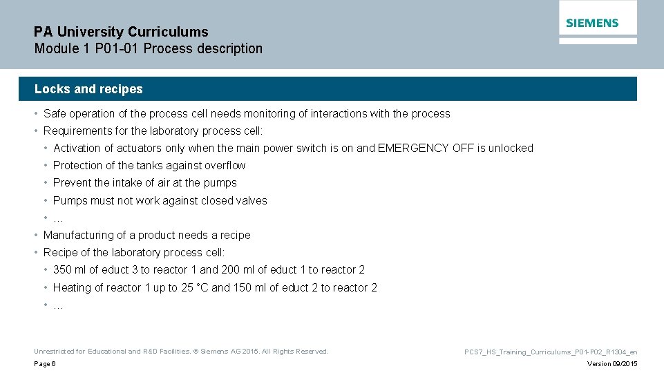 PA University Curriculums Module 1 P 01 -01 Process description Locks and recipes •