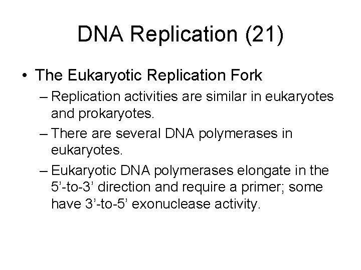 DNA Replication (21) • The Eukaryotic Replication Fork – Replication activities are similar in