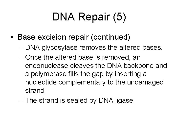 DNA Repair (5) • Base excision repair (continued) – DNA glycosylase removes the altered