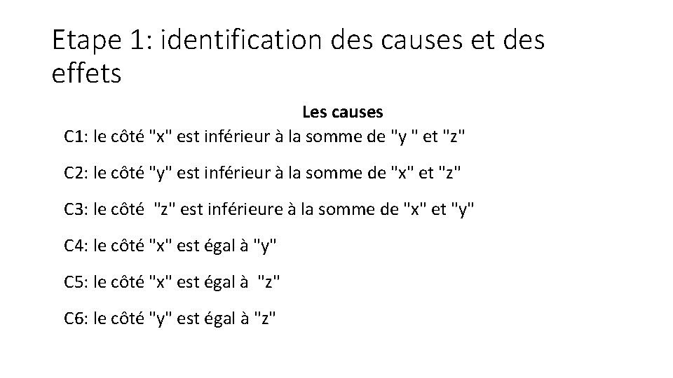 Etape 1: identification des causes et des effets Les causes C 1: le côté