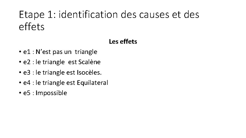 Etape 1: identification des causes et des effets Les effets • e 1 :