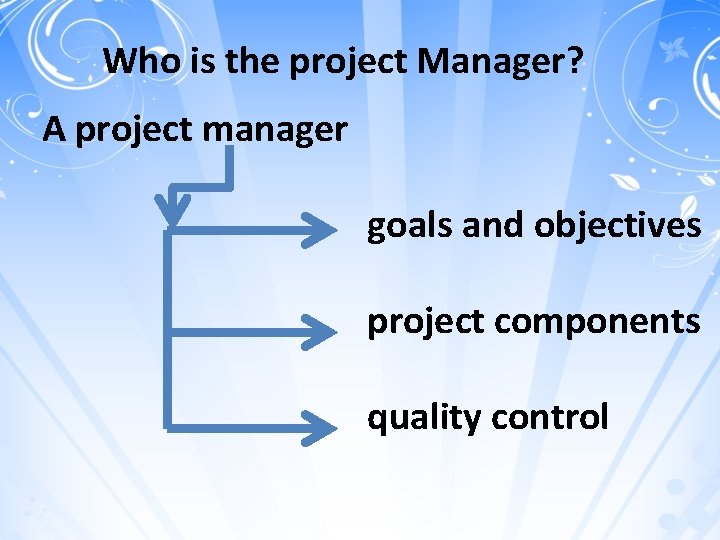 Who is the project Manager? A project manager goals and objectives project components quality