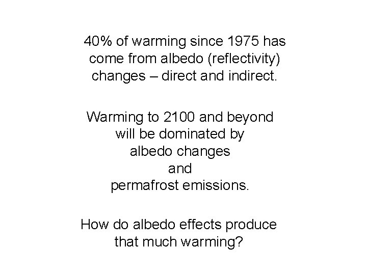 40% of warming since 1975 has come from albedo (reflectivity) changes – direct and 40% of warming since 1975 has come from albedo (reflectivity) changes – direct and