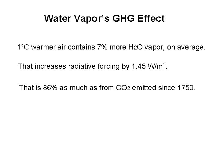 Water Vapor’s GHG Effect 1°C warmer air contains 7% more H 2 O vapor, Water Vapor’s GHG Effect 1°C warmer air contains 7% more H 2 O vapor,