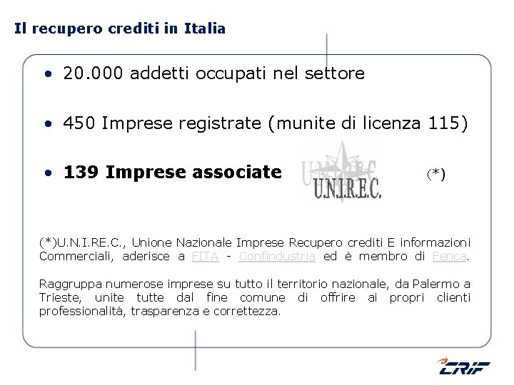 Il recupero crediti in Italia • 20. 000 addetti occupati nel settore • 450