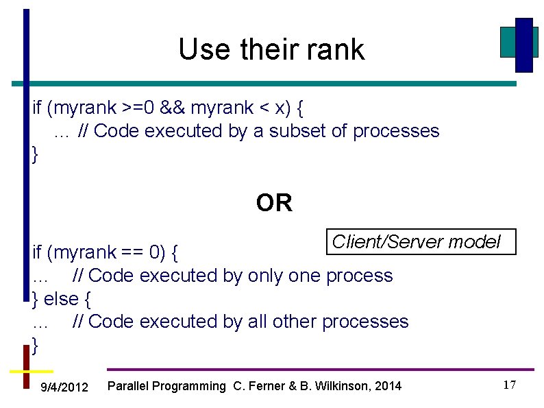 Use their rank if (myrank >=0 && myrank < x) { … // Code