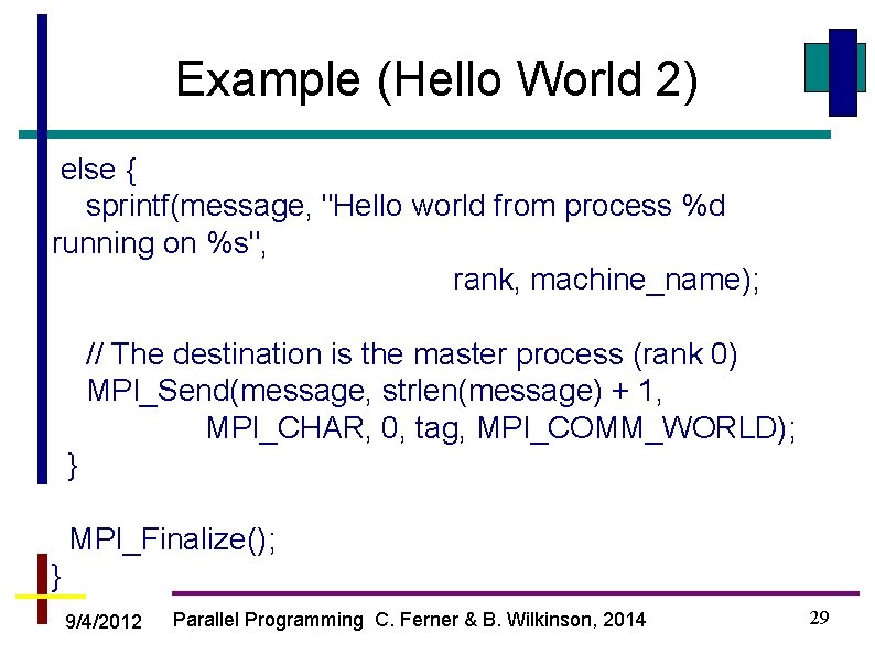 Example (Hello World 2) else { sprintf(message, "Hello world from process %d running on