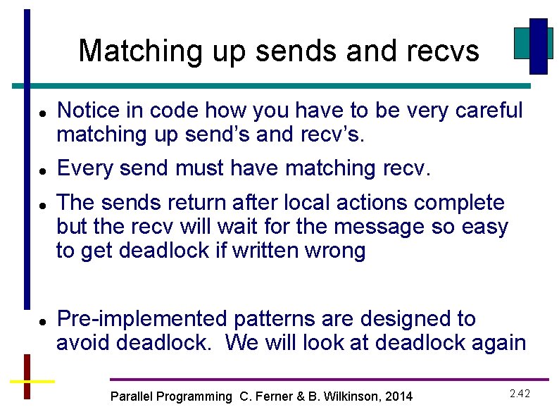 Matching up sends and recvs Notice in code how you have to be very