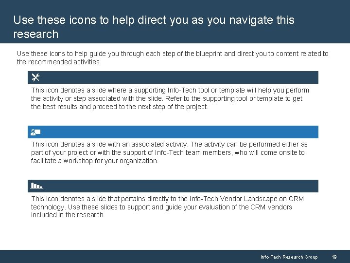 Use these icons to help direct you as you navigate this research Use these