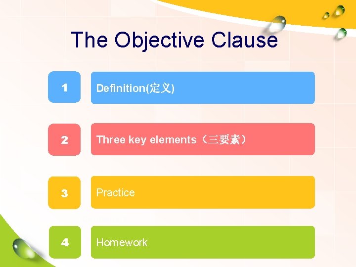 The Objective Clause 1 Definition(定义) 2 Three key elements（三要素） 3 Practice Contents 1 4