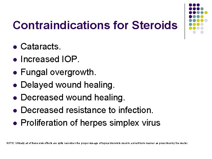 Contraindications for Steroids l l l l Cataracts. Increased IOP. Fungal overgrowth. Delayed wound