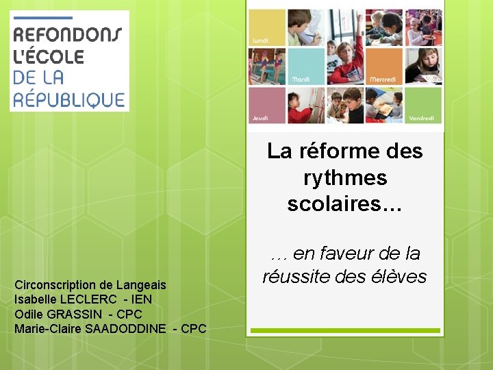 La réforme des rythmes scolaires… Circonscription de Langeais Isabelle LECLERC - IEN Odile GRASSIN