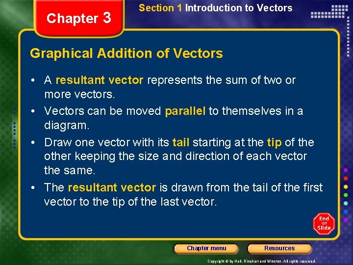 Chapter 3 Section 1 Introduction to Vectors Graphical Addition of Vectors • A resultant