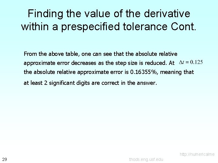 Finding the value of the derivative within a prespecified tolerance Cont. From the above