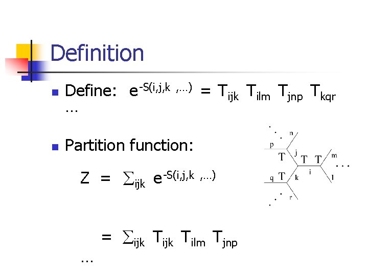 Definition n Define: e -S(i, j, k … n Partition function: , …) Z