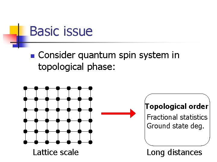 Basic issue n Consider quantum spin system in topological phase: Topological order Fractional statistics
