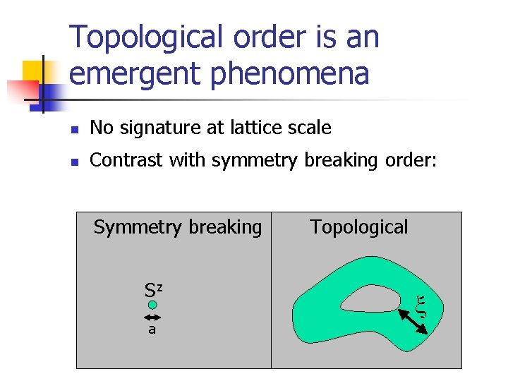 Topological order is an emergent phenomena n No signature at lattice scale n Contrast