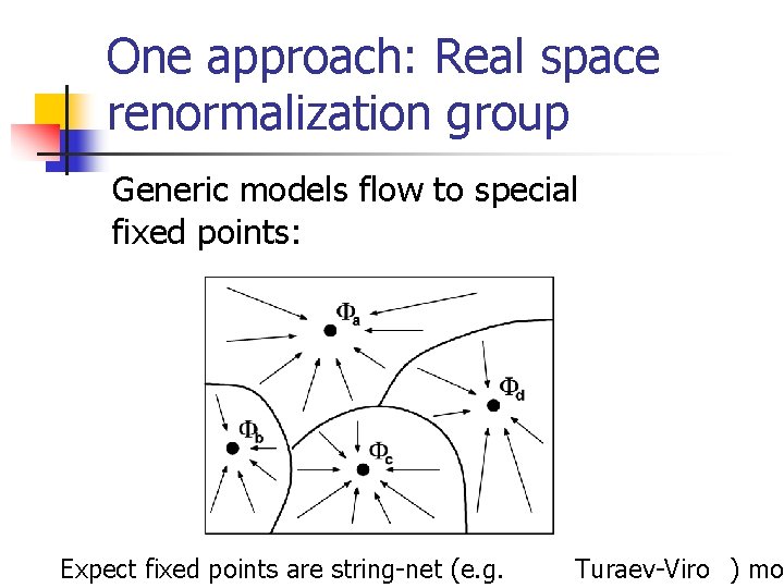 One approach: Real space renormalization group Generic models flow to special fixed points: Expect