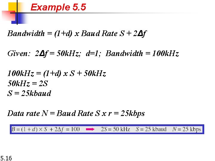 Example 5. 5 Bandwidth = (1+d) x Baud Rate S + 2Δf Given: 2Δf