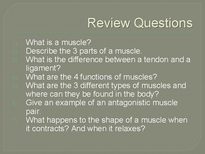 Review Questions 1) 2) 3) 4) 5) 6) 7) What is a muscle? Describe