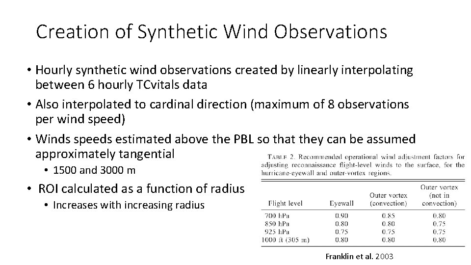 Creation of Synthetic Wind Observations • Hourly synthetic wind observations created by linearly interpolating