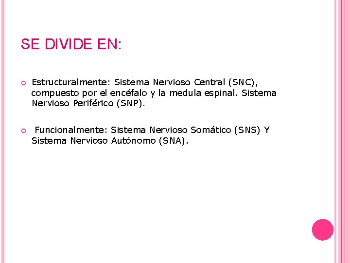 SE DIVIDE EN: Estructuralmente: Sistema Nervioso Central (SNC), compuesto por el encéfalo y la