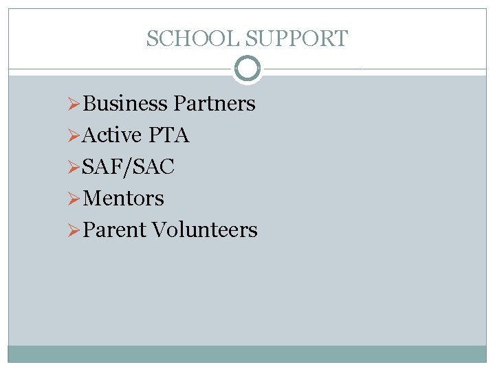 SCHOOL SUPPORT ØBusiness Partners ØActive PTA ØSAF/SAC ØMentors ØParent Volunteers 