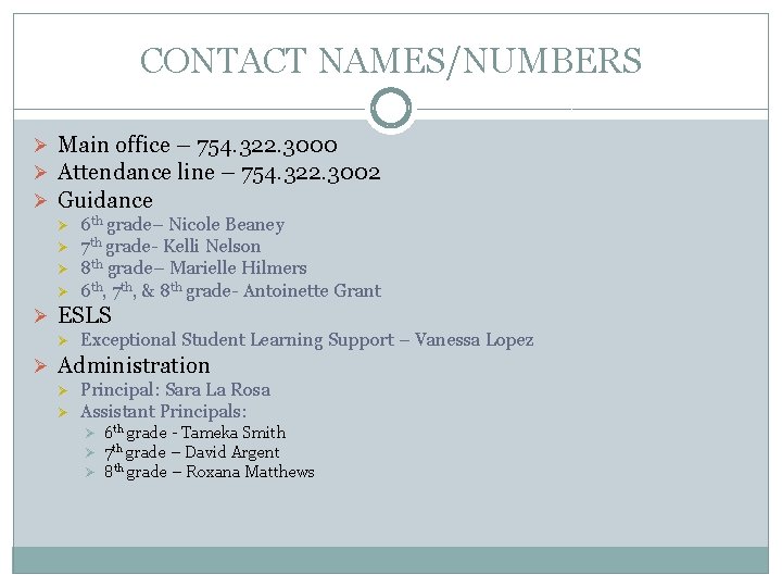 CONTACT NAMES/NUMBERS Ø Main office – 754. 322. 3000 Ø Attendance line – 754.