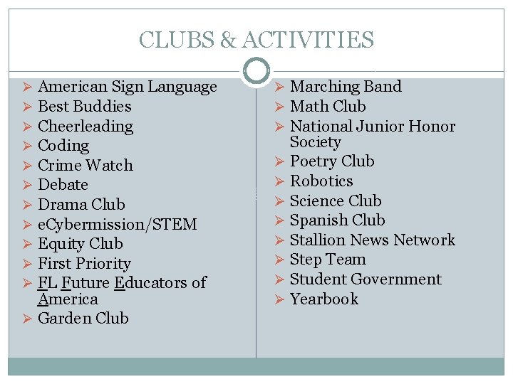 CLUBS & ACTIVITIES Ø American Sign Language Ø Best Buddies Ø Cheerleading Ø Coding