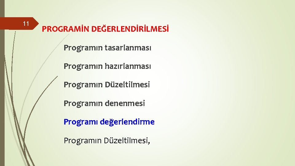 11 PROGRAMİN DEĞERLENDİRİLMESİ Programın tasarlanması Programın hazırlanması Programın Düzeltilmesi Programın denenmesi Programı değerlendirme Programın 11 PROGRAMİN DEĞERLENDİRİLMESİ Programın tasarlanması Programın hazırlanması Programın Düzeltilmesi Programın denenmesi Programı değerlendirme Programın