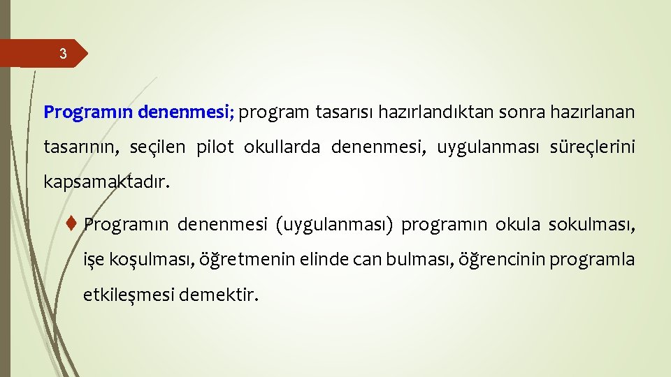 3 Programın denenmesi; program tasarısı hazırlandıktan sonra hazırlanan tasarının, seçilen pilot okullarda denenmesi, uygulanması 3 Programın denenmesi; program tasarısı hazırlandıktan sonra hazırlanan tasarının, seçilen pilot okullarda denenmesi, uygulanması