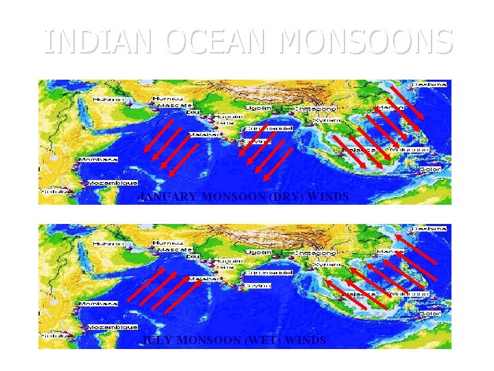 INDIAN OCEAN MONSOONS JANUARY MONSOON (DRY) WINDS JULY MONSOON (WET) WINDS 