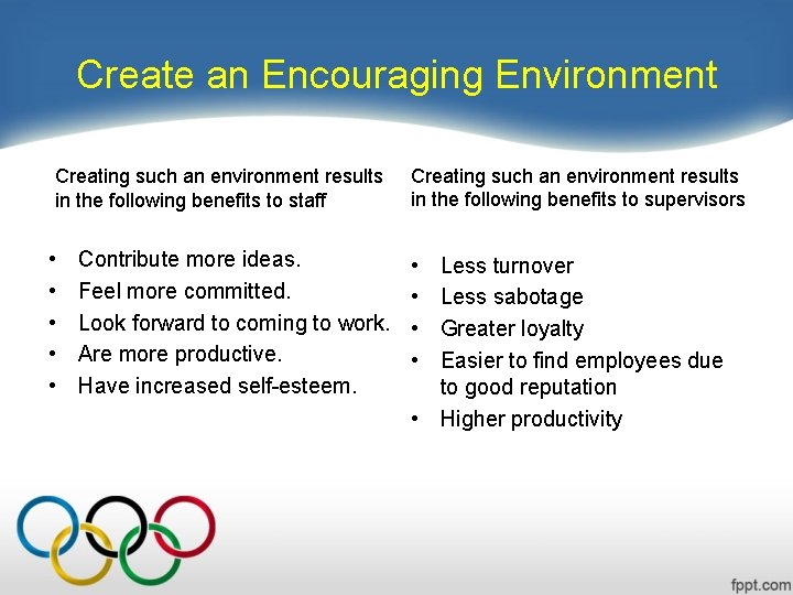 Create an Encouraging Environment Creating such an environment results in the following benefits to