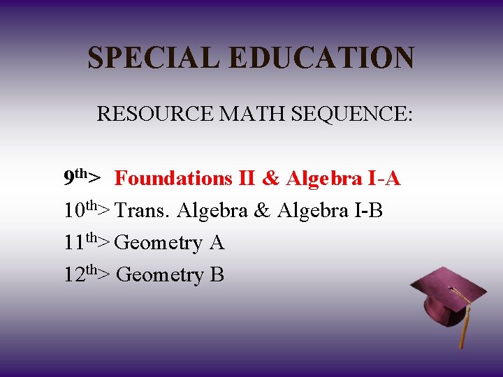 SPECIAL EDUCATION RESOURCE MATH SEQUENCE: 9 th> Foundations II & Algebra I-A 10 th>