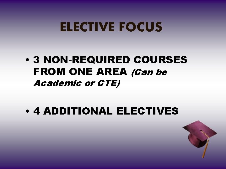 ELECTIVE FOCUS • 3 NON-REQUIRED COURSES FROM ONE AREA (Can be Academic or CTE)