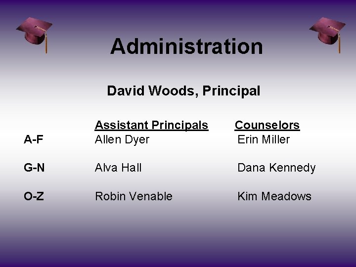 Administration David Woods, Principal A-F Assistant Principals Counselors Allen Dyer Erin Miller G-N Alva