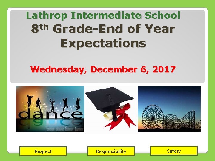 Lathrop Intermediate School 8 th Grade-End of Year Expectations Wednesday, December 6, 2017 Respect