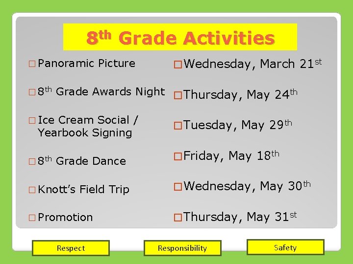 8 th Grade Activities � Panoramic � 8 th Picture March 21 st Grade