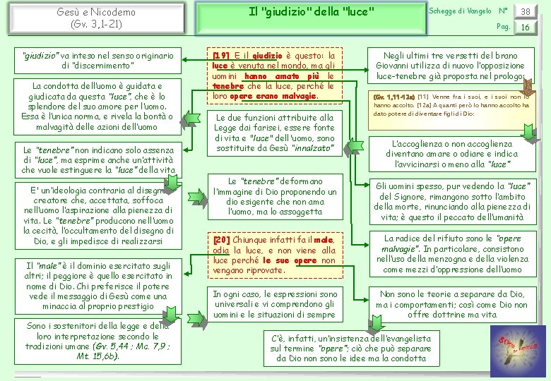 Gesù e Nicodemo (Gv. 3, 1 -21) “giudizio” va inteso nel senso originario di