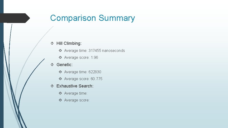 Comparison Summary Hill Climbing: Average time: 317455 nanoseconds Average score: 1. 96 Genetic: Average