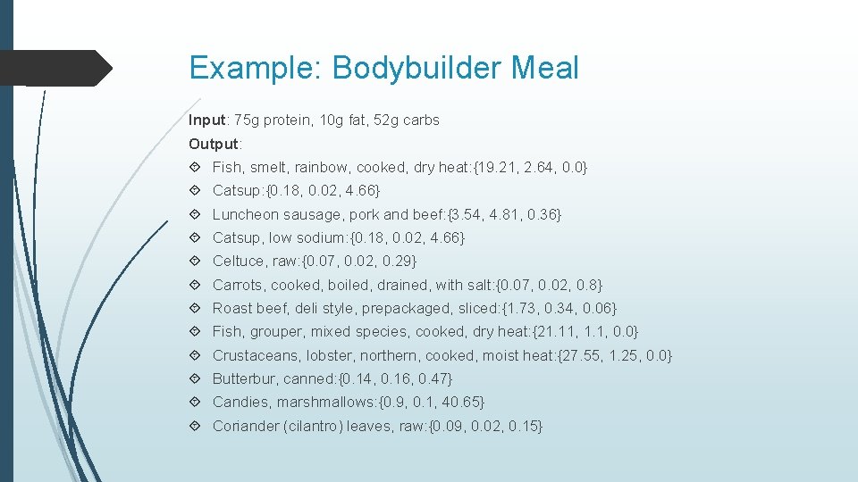 Example: Bodybuilder Meal Input: 75 g protein, 10 g fat, 52 g carbs Output: