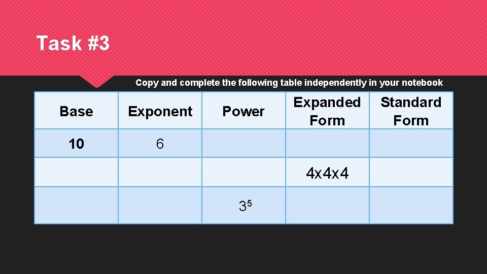 Task #3 Copy and complete the following table independently in your notebook Base Exponent