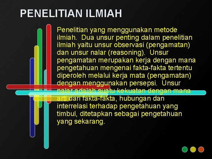 PENELITIAN ILMIAH Penelitian yang menggunakan metode ilmiah. Dua unsur penting dalam penelitian ilmiah yaitu