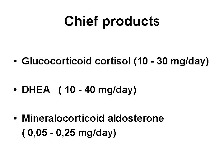 Chief products • Glucocorticoid cortisol (10 - 30 mg/day) • DHEA ( 10 -