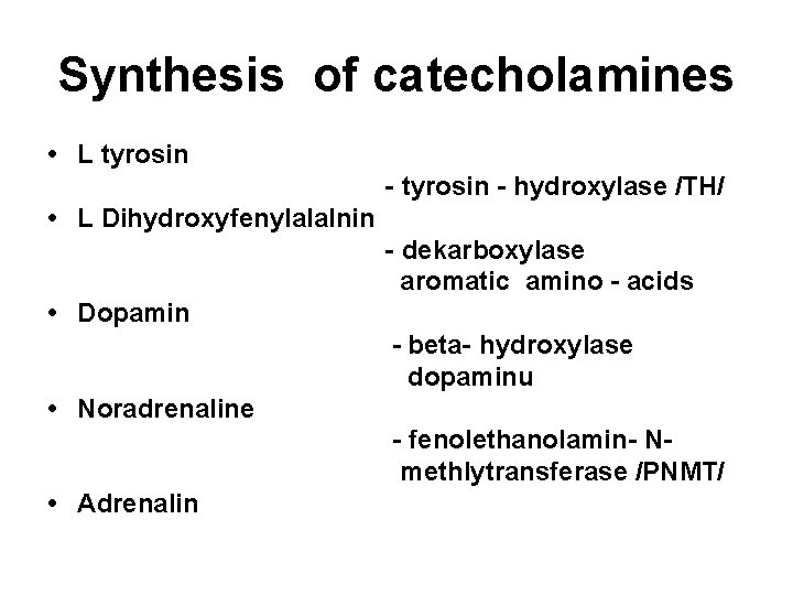 Synthesis of catecholamines • L tyrosin - hydroxylase /TH/ • L Dihydroxyfenylalalnin - dekarboxylase